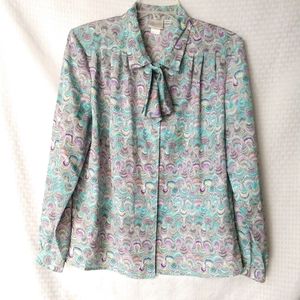 Beautiful Pykettes Blouse Blue Gray Abstract Print Size Large Chest 42"